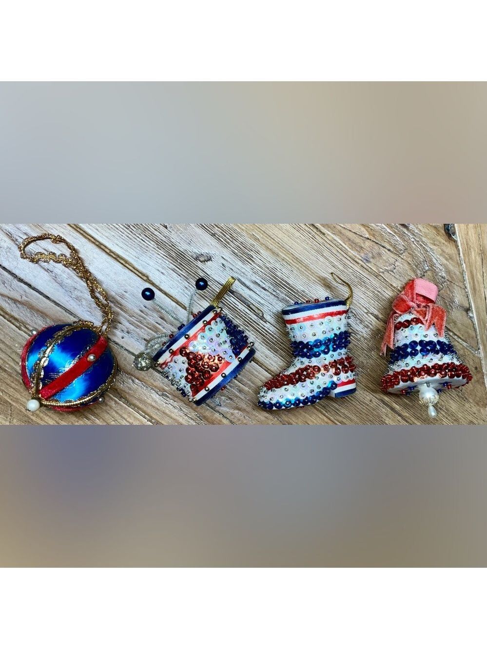 Vintage set of 4 patriotic ornaments - handmade -sequins & bead embellishments
